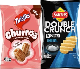 Twisties+Churros+Cinnamon+Sugar+120g+or+Smith%26rsquo%3Bs+Double+Crunch+Chips+150g+Selected+Varieties