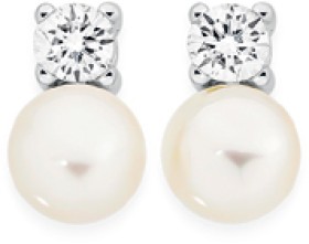 Sterling+Silver+Button+Pearl+%26amp%3B+Cubic+Zirconia+Stud+Earrings