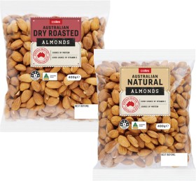 Coles-Dry-Roasted-Natural-Roasted-Salted-or-Smoked-Almonds-400g-Pack on sale