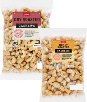 Coles-Dry-Roasted-Honey-Natural-or-Roasted-Salted-Cashews-400g-Pack on sale