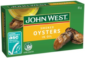 John-West-Smoked-Oysters-in-Oil-or-BBQ-Sauce-85g on sale