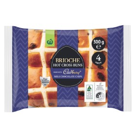 Woolworths-Brioche-Hot-Cross-Buns-made-with-Cadbury-Milk-Chocolate-Chips-Pk-4 on sale