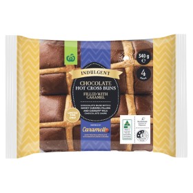 Woolworths-Indulgent-Caramel-Filled-Chocolate-Hot-Cross-Buns-inspired-by-Cadbury-Caramello-Pk-4 on sale