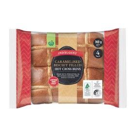 Woolworths+Indulgent+Caramelised+Biscuit+Filled+Hot+Cross+Buns+Pk+4