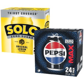 Pepsi-Max-Mountain-Dew-Solo-Zero-Sugar-or-Sunkist-Zero-Sugar-Soft-Drink-Varieties-24-x-375ml on sale