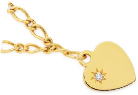 9ct-Gold-16cm-Solid-Figaro-11-with-Diamond-Heart-Charm-Bracelet on sale