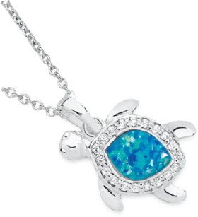Sterling+Silver+Blue+Man-Made+Opal+%26amp%3B+Cubic+Zirconia+Turtle+Pendant