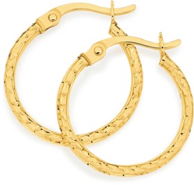9ct+Gold+2x15mm+Diamond-Cut+Hoop+Earrings