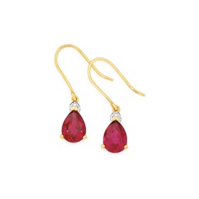 9ct+Gold+Created+Ruby+%26amp%3B+Diamond+Pear+Earrings