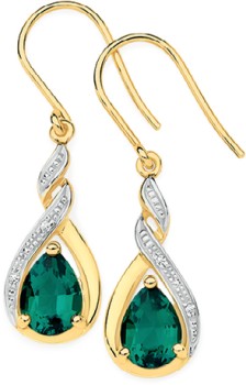 9ct+Gold+Created+Emerald+%26amp%3B+Diamond+Drop+Earrings