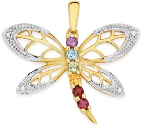 9ct+Gold+Multi+Gemstone+%26amp%3B+Diamond+Dragonfly+Pendant