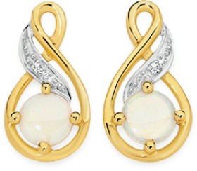 9ct+Gold+White+Opal+and+Diamond+Earrings