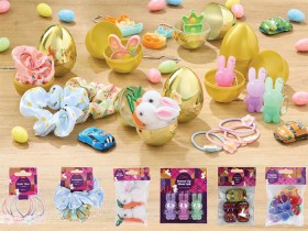 Hair-Ties-with-Charms-4-Pack-Scrunchies-3-Pack-Bunny-Hair-Clips-2-Pack-Refillable-Large-Eggs-8-Pack-Bunny-Shaped-Lip-Gloss-Keyring-3-Pack-Wind-Up-Cars-3-Pack-or-Easter-Popping-Keyrings-3-Pack on sale