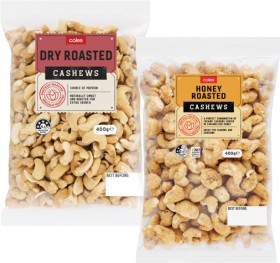 Coles+Dry+Roasted%2C+Honey%2C+Natural+or+Roasted+%26amp%3B+Salted+Cashews+400g+Pack