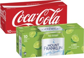 Coca-Cola-Soft-Drink-or-Mt-Franklin-Lightly-Sparkling-Water-10x375mL on sale