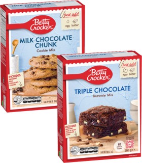 Betty-Crocker-Choc-Chunk-Cookie-Mix-485g-or-Triple-Choc-Fudge-Brownie-Mix-500g on sale