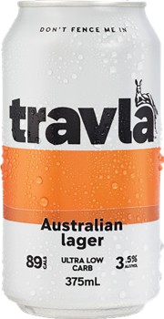 Travla-Mid-Strength-Australian-Lager-Cans-375mL-6-Pack on sale