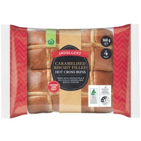 Woolworths-Indulgent-Caramelised-Biscuit-Filled-Hot-Cross-Buns-Pk-4 on sale