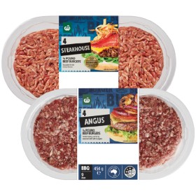Woolworths+Australian+Beef+Burgers+Angus%2C+Steakhouse+or+Chuck+%26amp%3B+Brisket+454g+Pk+4