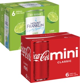 Coca-Cola-Soft-Drink-or-Mt-Franklin-Lightly-Sparkling-Water-6x250mL on sale