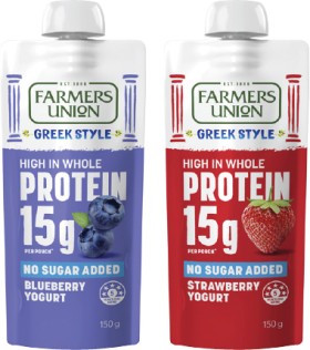 Farmers-Union-Greek-Style-High-Protein-No-Sugar-Added-Yogurt-Pouch-150g on sale