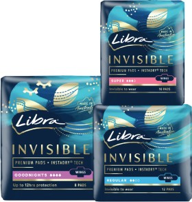 Libra-Invisible-Pads-with-Wings-Goodnight-8-Pack-or-Super-10-Pack-or-Regular-12-Pack on sale