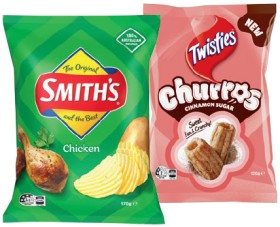 Smith%26rsquo%3Bs+Crinkle+Cut+Chips+150%E2%80%91170g+or+Twisties+Cinnamon+Sugar+Churros+120g+Selected+Varieties