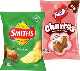 Smith%26rsquo%3Bs+Crinkle+Cut+Chips+150-170g+or+Twisties+Cinnamon+Sugar+Churros+120g+Selected+Varieties