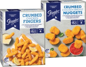 Steggles-Crumbed-Chicken-Fingers-Nuggets-or-Dino-Snacks-400g on sale