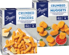 Steggles-Crumbed-Chicken-Fingers-Breast-Nuggets-or-Tempura-Dino-Snacks-400g on sale