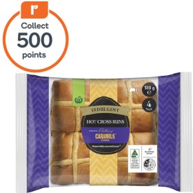 Woolworths-Indulgent-Hot-Cross-Buns-made-with-Cadbury-Caramilk-Chocolate-Chips-Pk-4 on sale