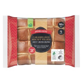 Woolworths+Indulgent+Caramelised+Biscuit+Filled+Hot+Cross+Buns+Pk+4
