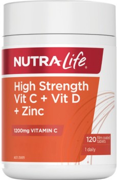 Nutra-Life+High+Strength+Vit+C+%2B+Vit+D+%2B+Zinc+120+Film+Coated+Tablets