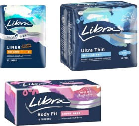 Libra+Liner+Dry+Long+30+Liners%2C+Ultra+Thin+Regular+14+Pads+or+Body+Fit+Super+16+Tampons