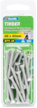 Zenith-8g-x-40mm-Galvanised-Countersunk-Rib-Head-Timber-Screws-Pack-of-25 on sale