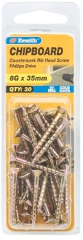 Zenith-8G-x-35mm-Passivated-Countersunk-Rib-Head-Chipboard-Screws-in-Gold-Pack-of-30 on sale