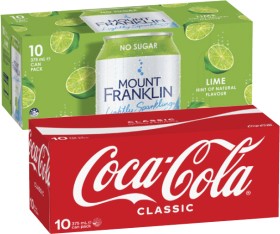 Coca-Cola-Soft-Drink-or-Mt-Franklin-Lightly-Sparkling-Water-10x375mL on sale