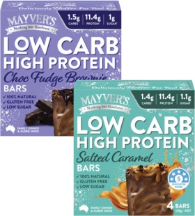 Mayvers-Low-Carb-High-Protein-Bars-Choc-Fudge-Brownie-or-Salted-Caramel-128g on sale