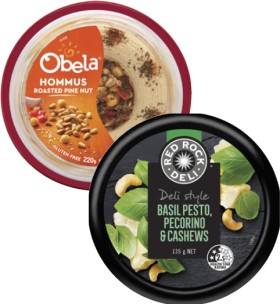 Obela-Garnished-Hommus-220g-or-Red-Rock-Deli-Dip-130g-135g on sale