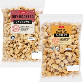 Coles-Dry-Roasted-Honey-Natural-or-Roasted-Salted-Cashews-400g-Pack on sale