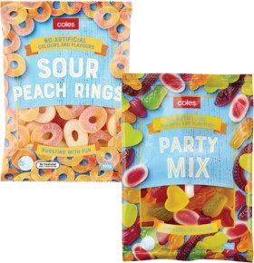 Coles-Party-Mix-or-Sour-Peach-Ring-Lollies-150g on sale