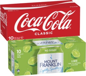 Coca-Cola+Soft+Drink+or+Mt+Franklin+Lightly+Sparkling+Water+10x375mL