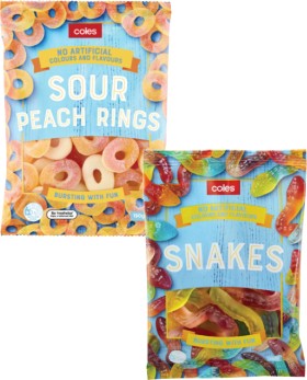 Coles-Sour-Peach-Rings-or-Snakes-Lollies-150g on sale