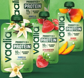 NEW-Vaalia-Probiotic-Protien-No-Added-Sugar-Strawberry-Vanilla-or-Mango-Yoghurt-150g on sale
