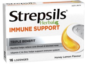 Strepsils-Herbal-Immune-Support-Sore-Throat-Relief-Lozenges-Honey-Lemon-16-Pack on sale