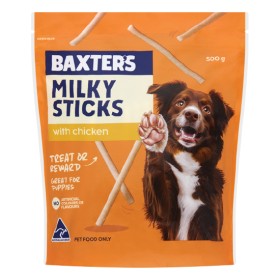 Baxters-Milky-Sticks-With-Chicken-Dog-Treats-500g on sale