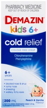 Demazin-Kids-6-Cold-Relief-Colour-Free-Syrup-Peach-Vanilla-Flavour-200mL on sale