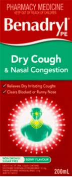 Benadryl-PE-Dry-Cough-Nasal-Congestion-200mL on sale