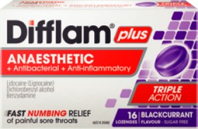 Difflam+Plus+Anaesthetic+%2B+Antibacterial+%2B+Anti-inflammatory+Sugar+Free+Blackcurrant+16+Lozenges