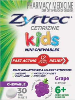 Zyrtec-Kids-Allergy-Hayfever-Relief-Chewable-Grape-Flavour-30-Tablets on sale